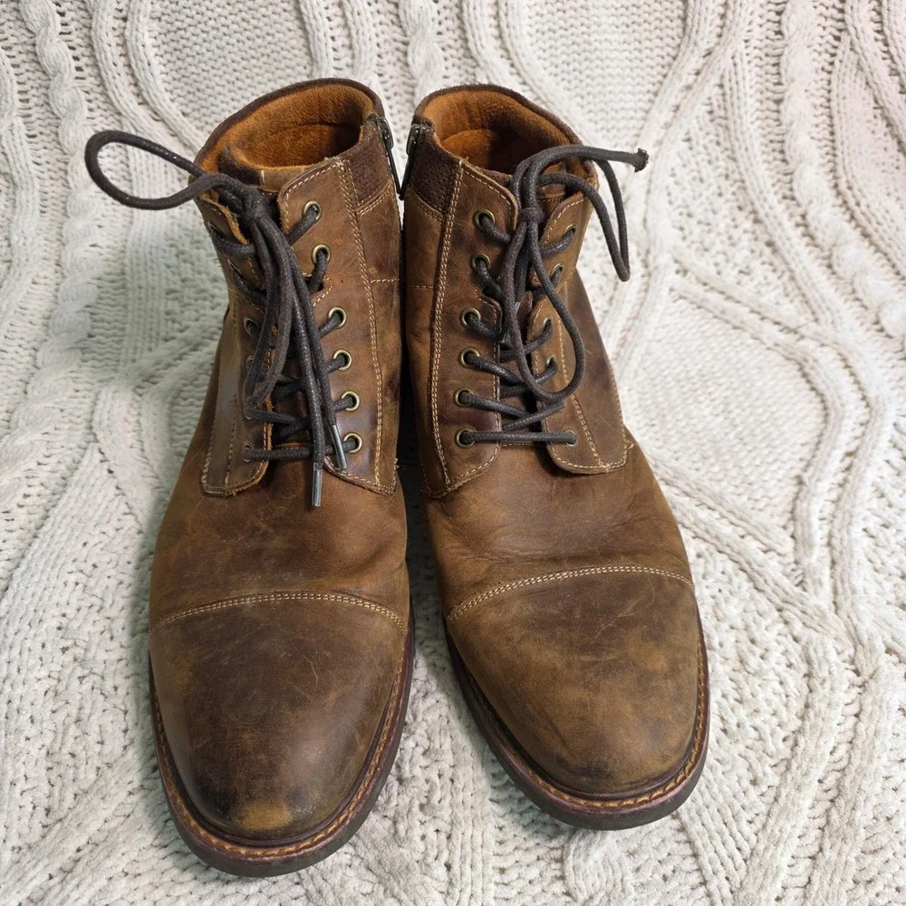 Florsheim Boots Brown Leather Lace Up Side Zip Cap Toe Mens 10
